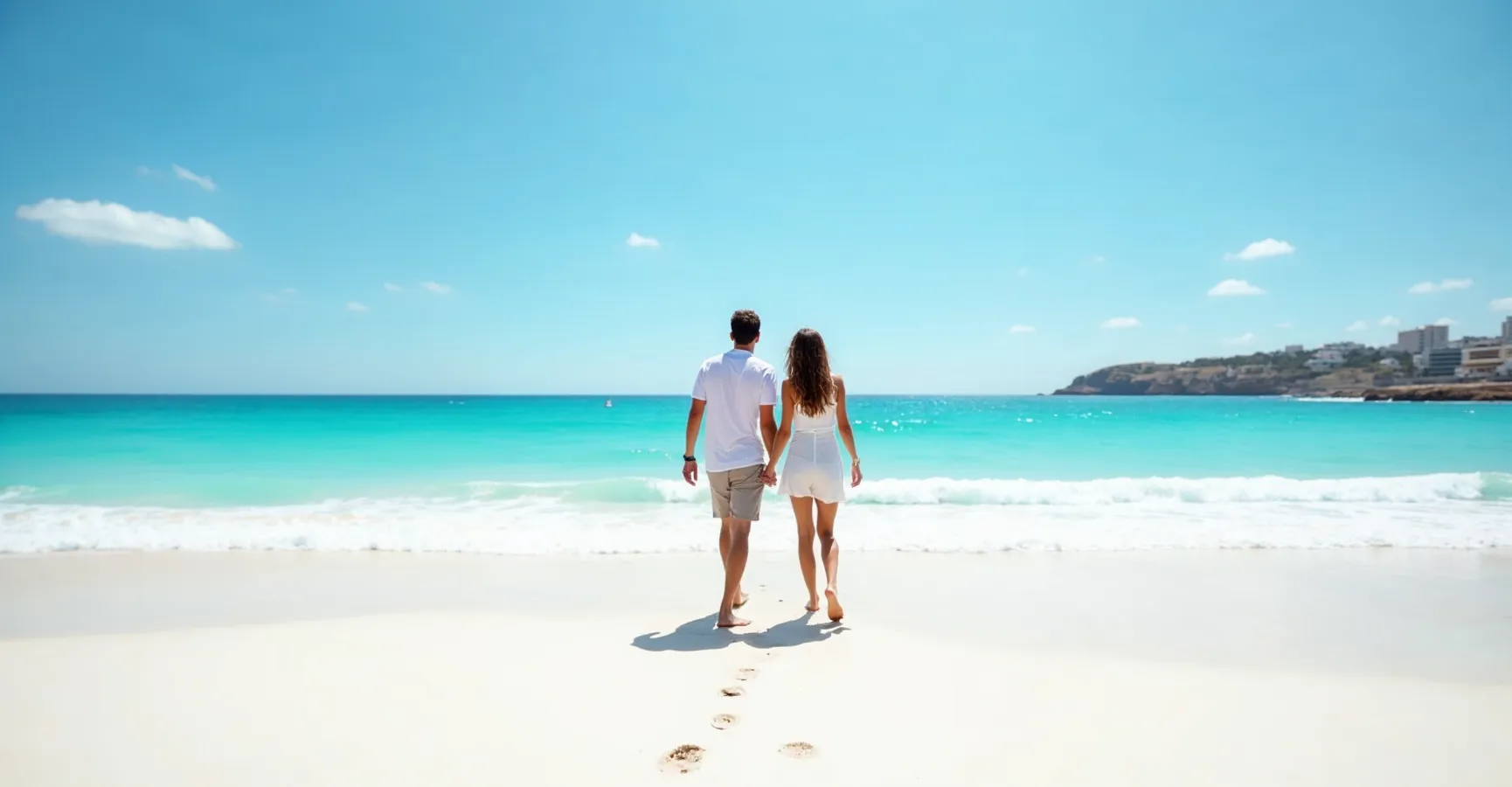 Pareja caminando en una playa del Mediterráneo